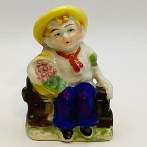 Porcelain Little Boy Sitting on Fence with Flowers Cake Topper Figurine Japan